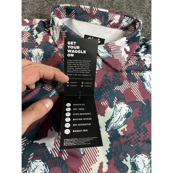 Waggle Golf Polo Shirt Mens Medium Performance Stretch Big Horn Print AOP - NWT - Picture 4 of 8